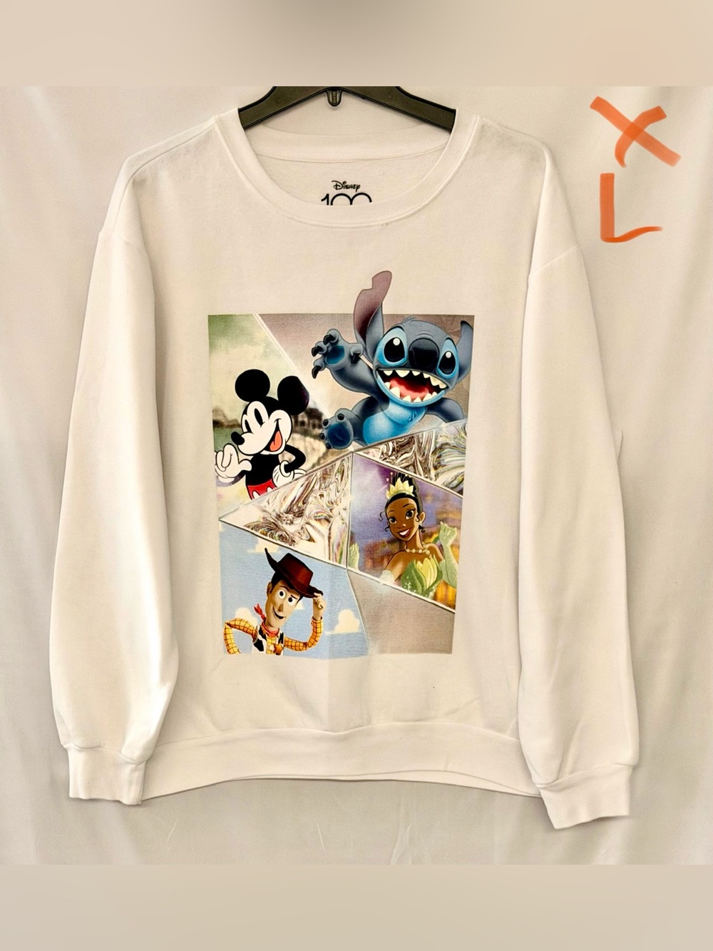 Disney White Crew Sweatshirt with Mickey, Stitch, Woody & Tiana Graphic